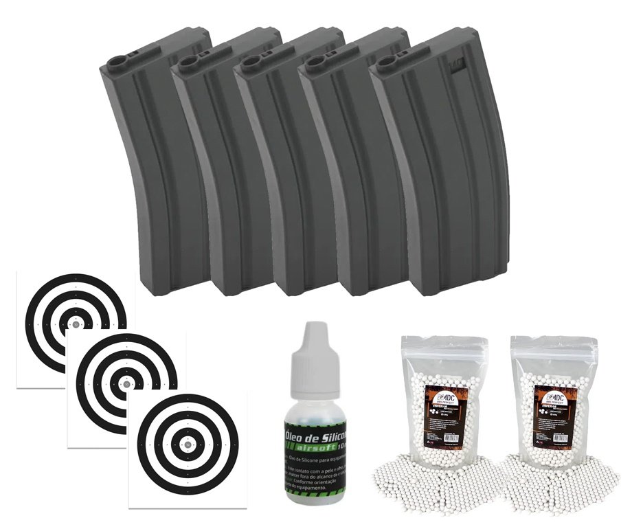 Kit 5 Magazines Para Rifle Airsoft M4 Mid-cap 100 bbs Polimero + BBS + Óleo de Silicone + Alvos