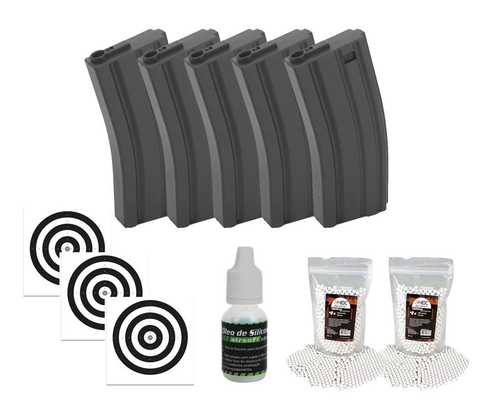 Kit 5 Magazines Para Rifle Airsoft M4 Mid-cap 100 bbs Polimero + BBS + Óleo de Silicone + Alvos