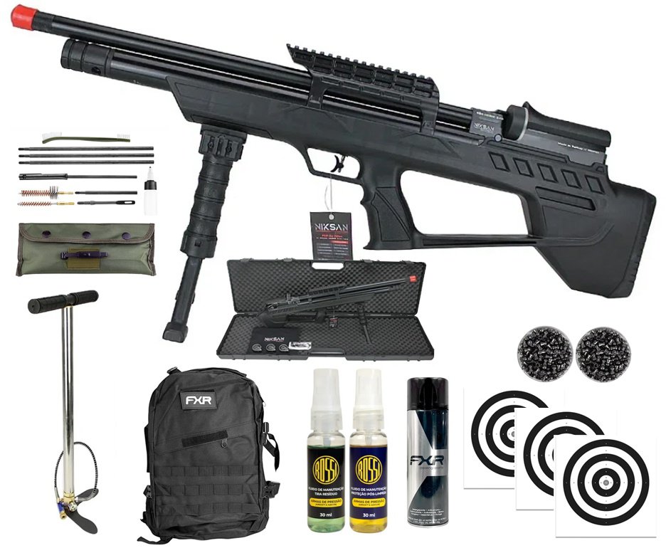 Carabina de Pressão PCP ELF S 5,5mm - Niksan + Bomba + Chumbo + Alvos + Kit Limpeza + Desengripante / Anticorrosivo + Kit Fluidos + Mochila Tática FXR