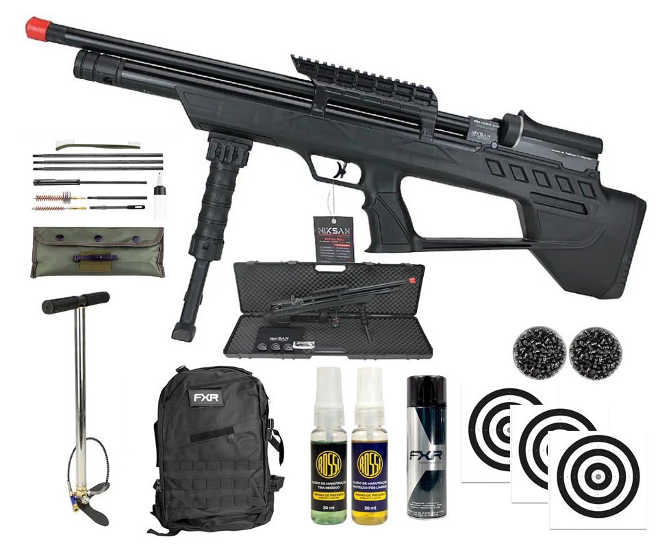 Carabina de Pressão PCP ELF S 5,5mm - Niksan + Bomba + Chumbo + Alvos + Kit Limpeza + Desengripante / Anticorrosivo + Kit Fluidos + Mochila Tática FXR