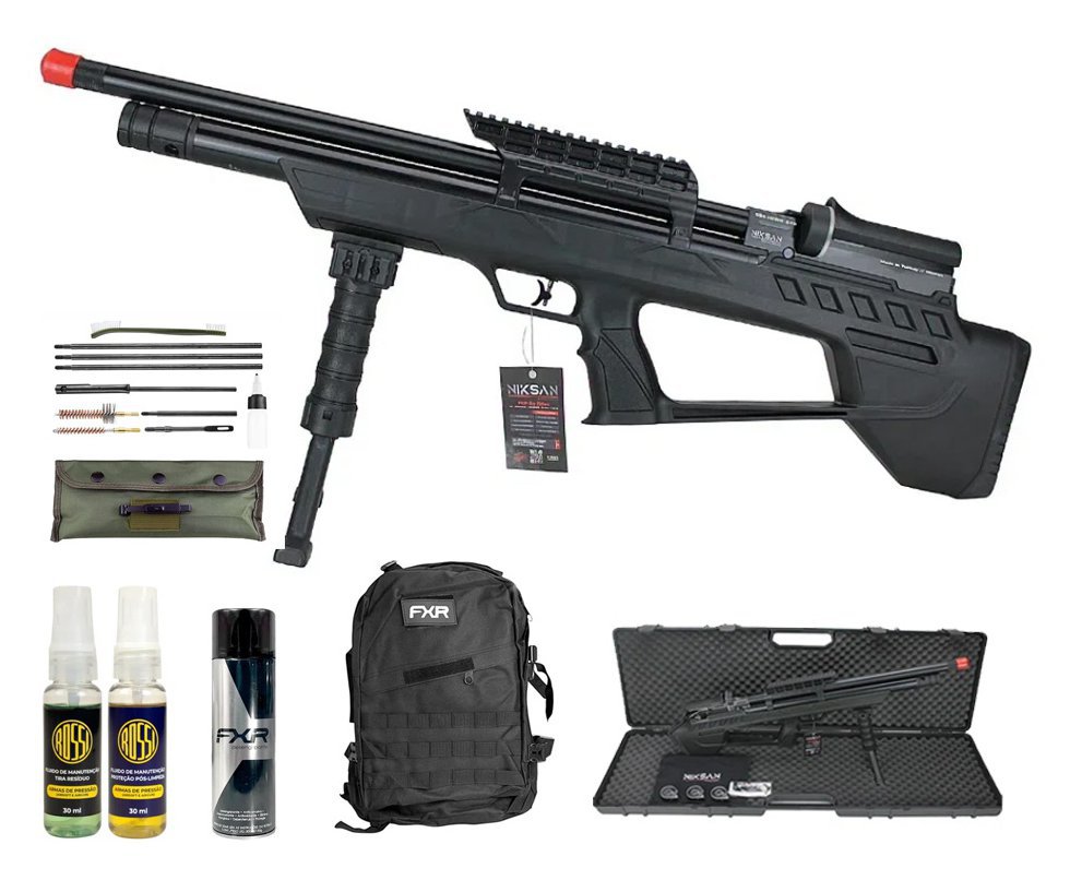 Carabina de Pressão PCP ELF S 5,5mm - Niksan + Kit Limpeza + Desengripante / Anticorrosivo + Kit Fluidos + Mochila Tática FXR