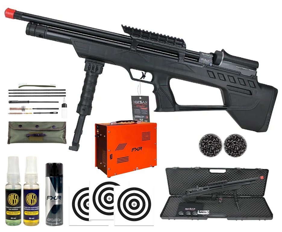 Carabina de Pressão PCP ELF S 5,5mm - Niksan + Chumbo + Alvos + Kit Limpeza + Desengripante / Anticorrosivo + Kit Fluidos + Compressor Portátil Trivolt Auto Stop 2 Coolers