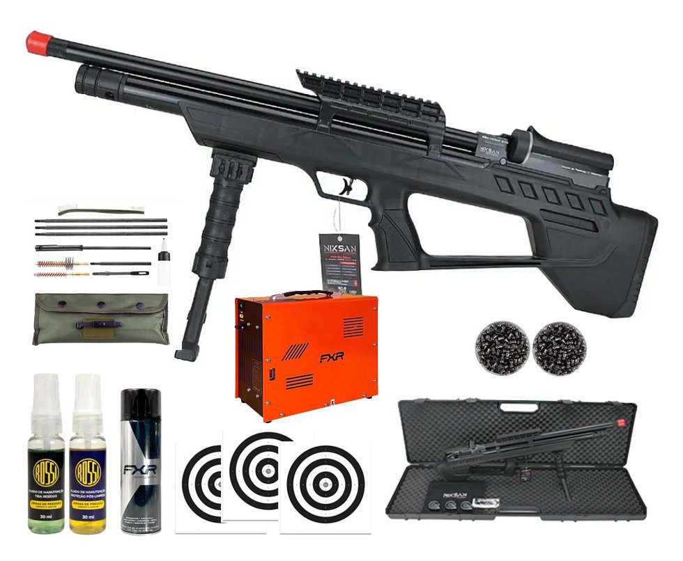 Carabina de Pressão PCP ELF S 5,5mm - Niksan + Chumbo + Alvos + Kit Limpeza + Desengripante / Anticorrosivo + Kit Fluidos + Compressor Portátil Trivolt Auto Stop 2 Coolers