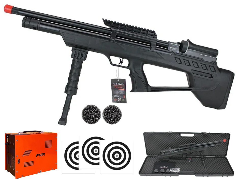 Carabina de Pressão PCP ELF S 5,5mm - Niksan + Chumbo + Alvos +  Compressor Portátil Trivolt Auto Stop 2 Coolers