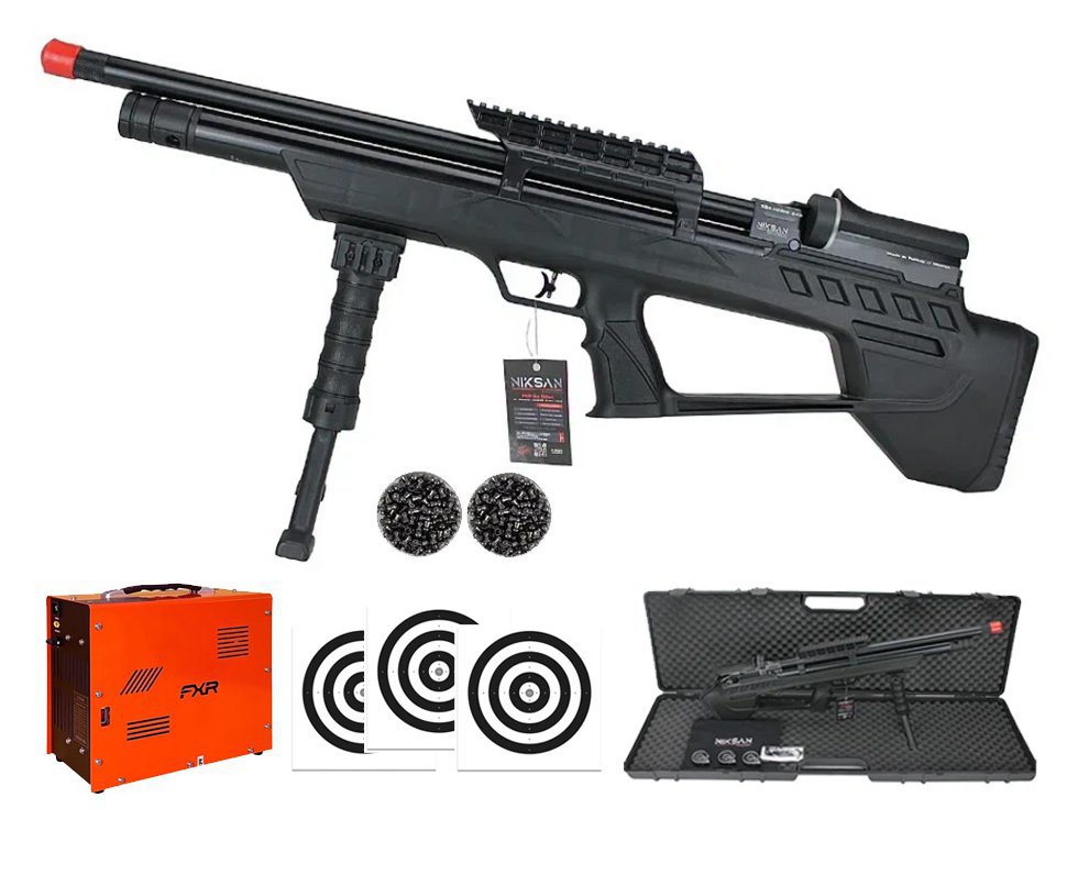 Carabina de Pressão PCP ELF S 5,5mm - Niksan + Chumbo + Alvos + Compressor Portátil Trivolt Auto Stop 2 Coolers