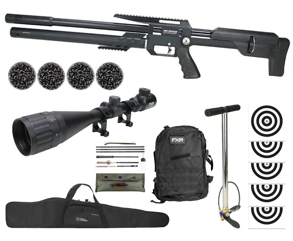 Carabina PCP Artemis M60 Bull Pup 5.5 Slayer Black 20 Tiros - FXR Artemis + Bomba + Luneta 4-16x50 + Kit de Limpeza + Chumbos + Alvos + Capa + Mochila Tática FXR