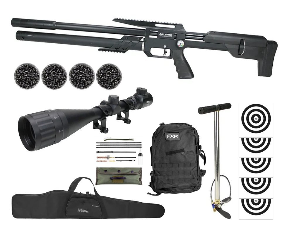 Carabina PCP Artemis M60 Bull Pup 5.5 Slayer Black 20 Tiros - FXR Artemis + Bomba + Luneta 4-16x50 + Kit de Limpeza + Chumbos + Alvos + Capa + Mochila Tática FXR