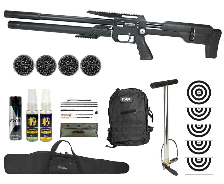 Carabina PCP Artemis M60 Bull Pup 5.5 Slayer Black 20 Tiros - FXR Artemis + Bomba + Kit de Limpeza + Desengripante + Kit fluidos + Chumbos + Alvos + Capa + Mochila Tática FXR