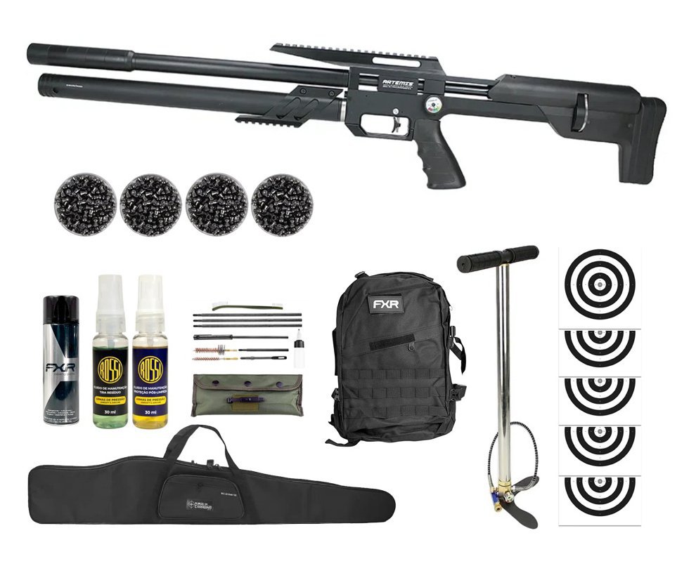 Carabina PCP Artemis M60 Bull Pup 5.5 Slayer Black 20 Tiros - FXR Artemis + Bomba + Kit de Limpeza + Desengripante + Kit fluidos + Chumbos + Alvos + Capa + Mochila Tática FXR