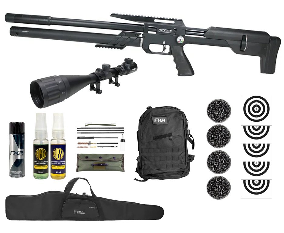 Carabina PCP Artemis M60 Bull Pup 5.5 Slayer Black 20 Tiros - FXR Artemis + Luneta 4-16x50 + Kit de Limpeza + Desengripante + Kit fluidos + Chumbos + Alvos + Capa + Mochila Tática FXR