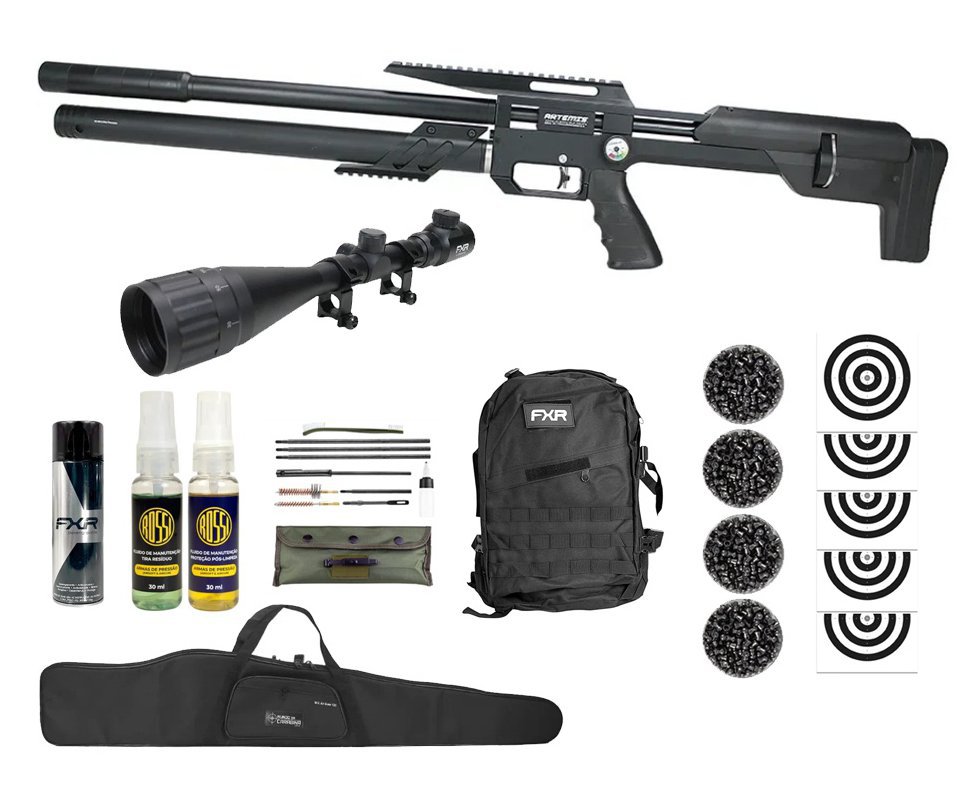 Carabina PCP Artemis M60 Bull Pup 5.5 Slayer Black 20 Tiros - FXR Artemis + Luneta 4-16x50 + Kit de Limpeza + Desengripante + Kit fluidos + Chumbos + Alvos + Capa + Mochila Tática FXR