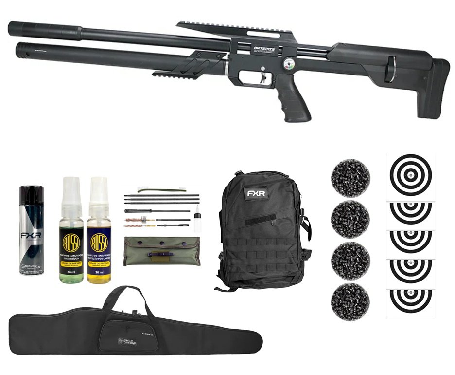 Carabina PCP Artemis M60 Bull Pup 5.5 Slayer Black 20 Tiros - FXR Artemis + Kit de Limpeza + Desengripante + Kit fluidos + Chumbos + Alvos + Capa + Mochila Tática FXR