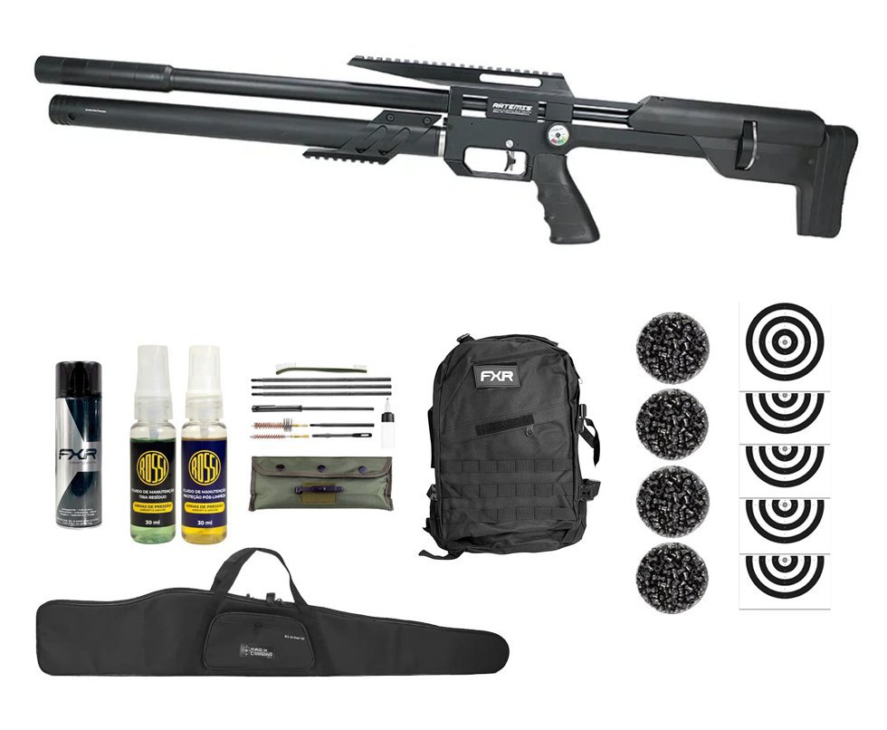 Carabina PCP Artemis M60 Bull Pup 5.5 Slayer Black 20 Tiros - FXR Artemis + Kit de Limpeza + Desengripante + Kit fluidos + Chumbos + Alvos + Capa + Mochila Tática FXR