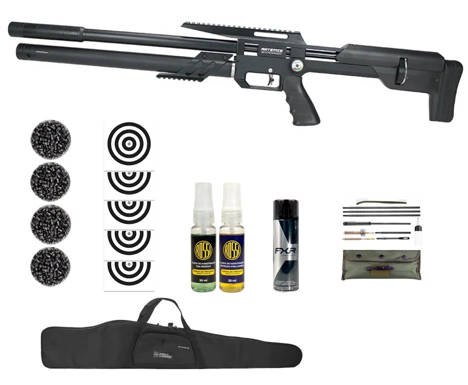 Carabina PCP Artemis M60 Bull Pup 5.5 Slayer Black 20 Tiros - FXR Artemis + Kit de Limpeza + Desengripante + Kit fluidos + Chumbos + Alvos + Capa