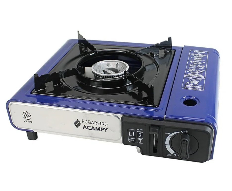 Fogareiro Portátil Acampy para Cozinha e Camping Azul - Leão + Refil Gas