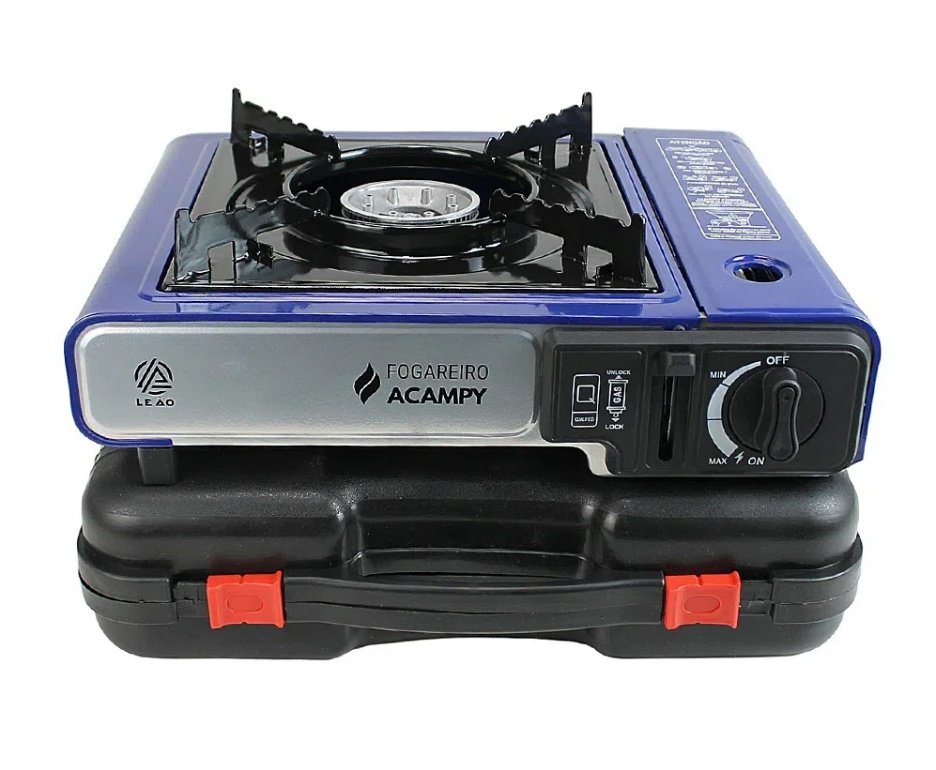 Fogareiro Portátil Acampy para Cozinha e Camping Azul - Leão + Refil Gas + Conjunto de Panelas Camping
