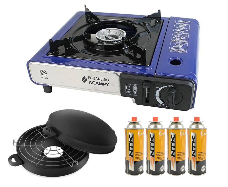 Fogareiro Portátil Acampy para Cozinha e Camping Azul - Leão + Refil Gas + Grill