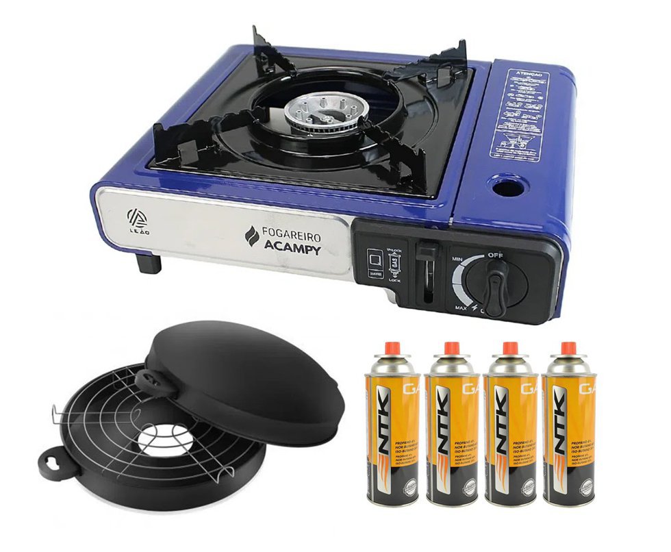 Fogareiro Portátil Acampy para Cozinha e Camping Azul - Leão + Refil Gas + Grill