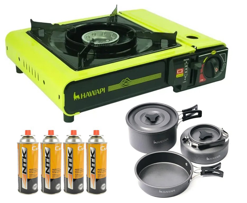 Fogareiro de Mesa Hawapi 3200WF - Verde Limão + Refil Gas + Conjunto de Panelas Camping