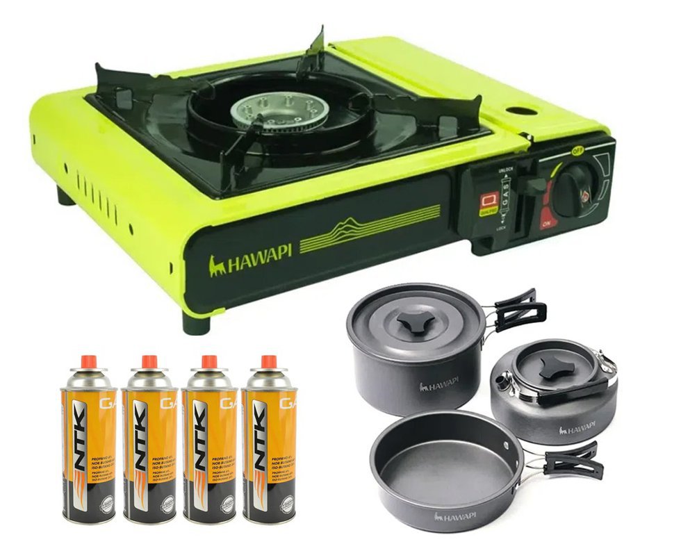 Fogareiro de Mesa Hawapi 3200WF - Verde Limão + Refil Gas + Conjunto de Panelas Camping