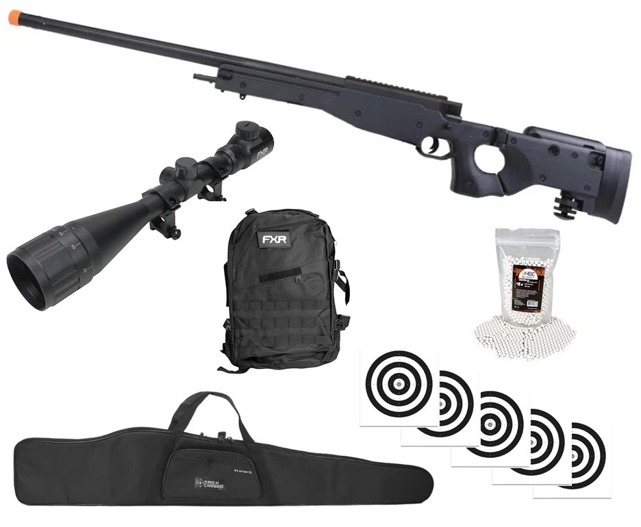 Rifle de Airsoft Sniper Cyma L96 CM706 Full Metal Mola 6mm + BBS + Luneta 4-16x50 + Capa + Alvos + Mochila Tática FXR