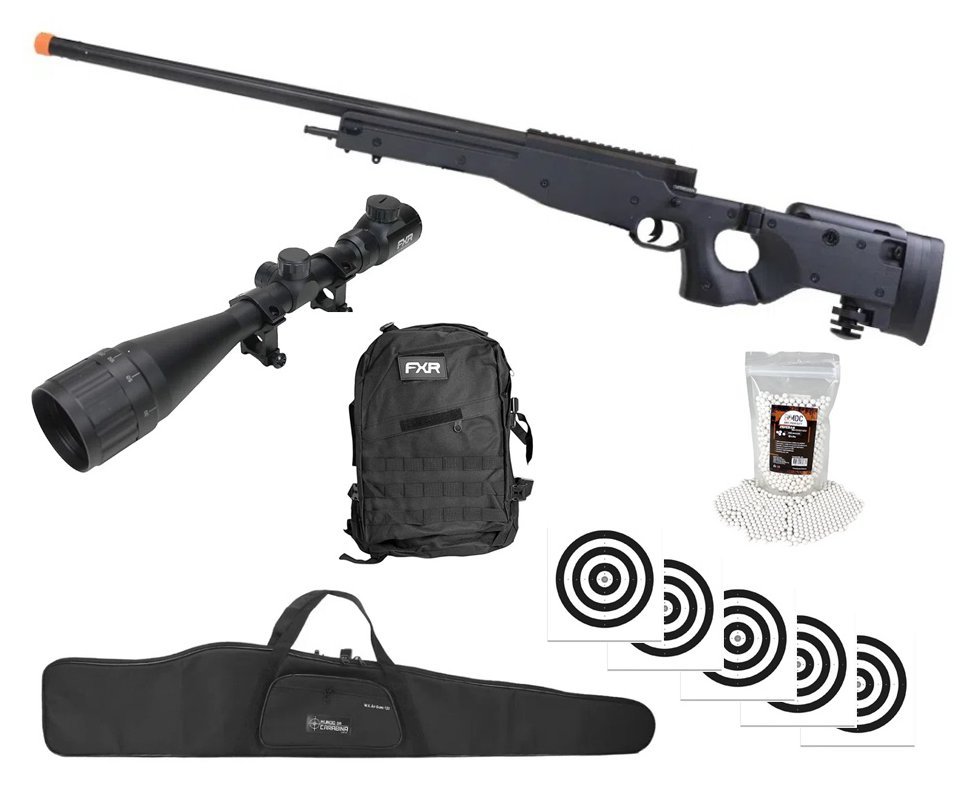 Rifle de Airsoft Sniper Cyma L96 CM706 Full Metal Mola 6mm + BBS + Luneta 4-16x50 + Capa + Alvos + Mochila Tática FXR
