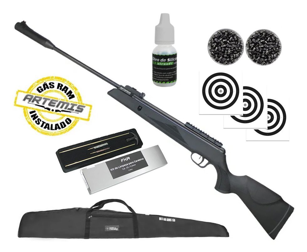 Carabina De Pressão Black Hawk Gas Ram 70kg 5.5mm Artemis + Capa + Alvos + Óleo de Silicone + Kit de Limpeza + Chumbinho