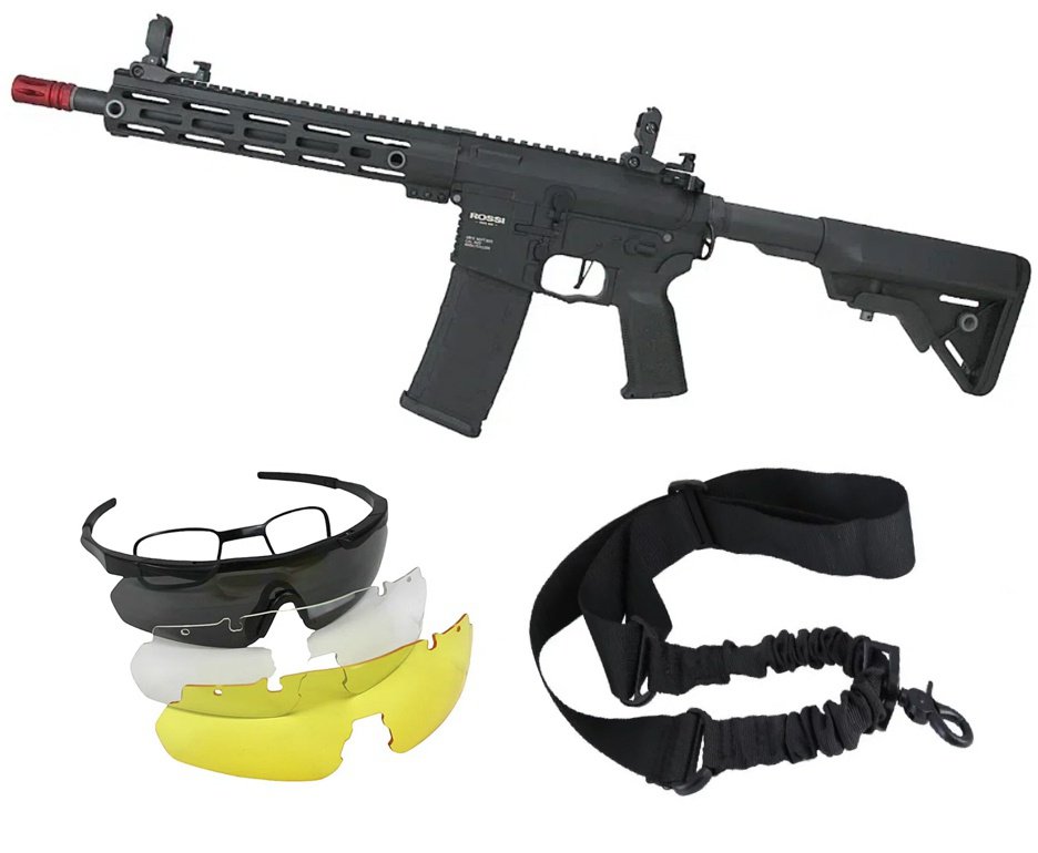 Rifle de Airsoft AEG AR15 Neptune 10" Plus Gatilho ETU Programável 6mm - Rossi + Bandoleira + Óculos de Proteção Tático