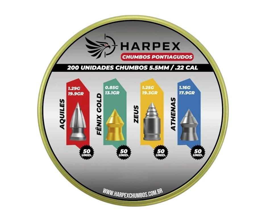 Chumbinho Harpex Combo Pontiagudos - Aquiles, Fênix Gold, Zeus, Athenas 5.5mm (.22) - 200un