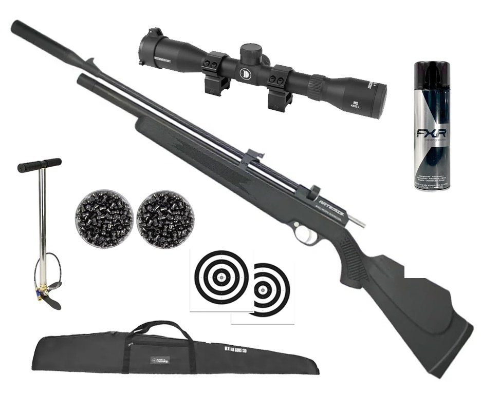 Carabina de Pressão PCP Artemis T-REX Bullpup 4,5mm com Válvula Reguladora - Fixxar + Bomba + Alvos + Capa + Luneta 4x32 + Chumbo