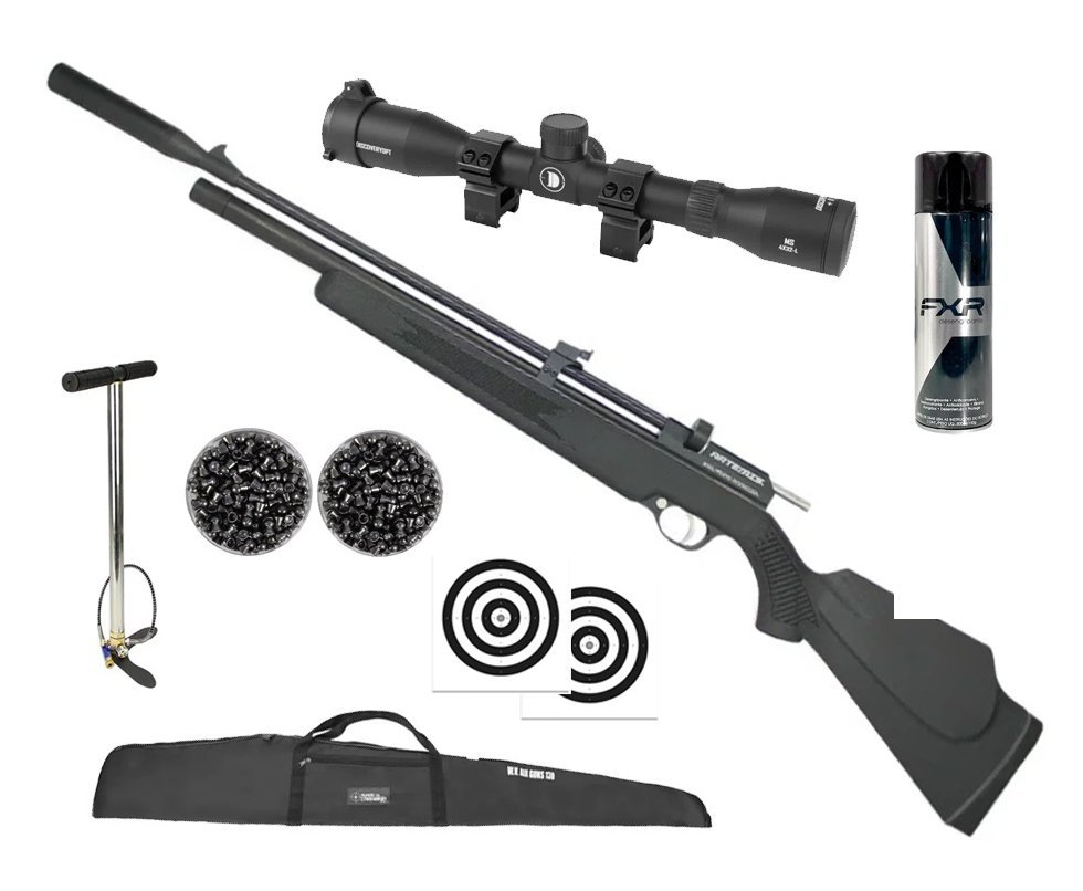 Carabina de Pressão PCP Artemis T-REX Bullpup 4,5mm com Válvula Reguladora - Fixxar + Bomba + Alvos + Capa + Luneta 4x32 + Chumbo