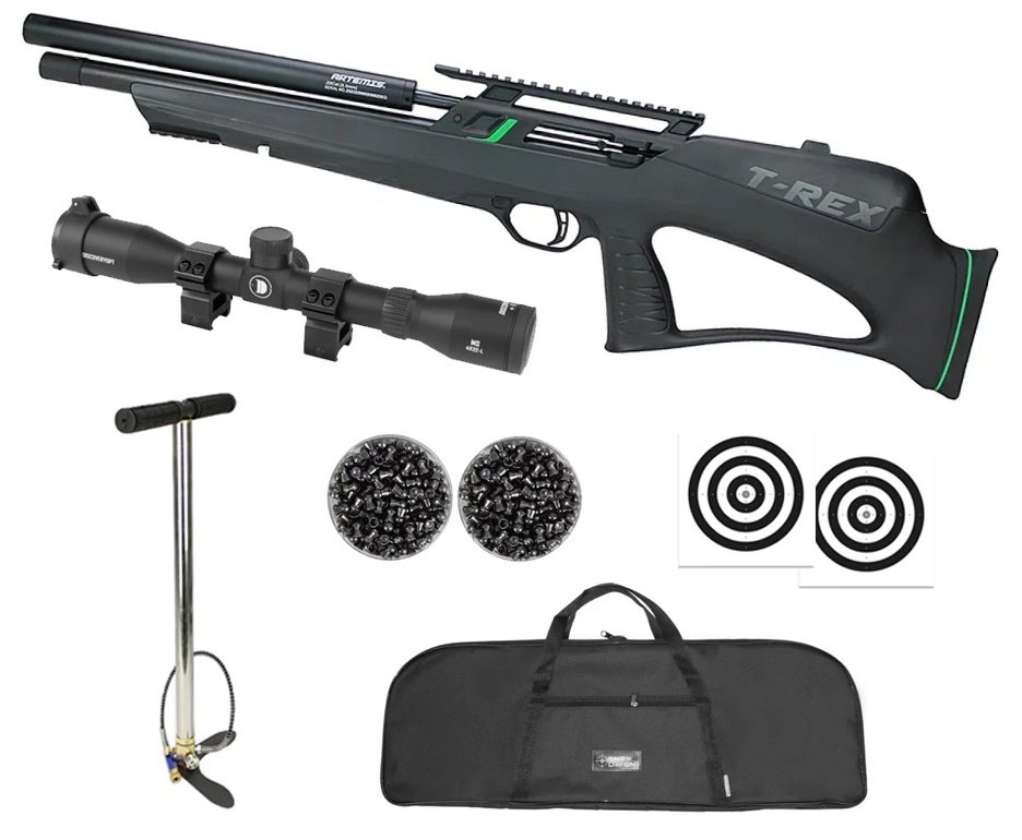 Carabina de Pressão PCP Artemis T-REX Bullpup 4,5mm com Válvula Reguladora - Fixxar + Bomba + Alvos + Capa + Luneta 4x32 + Chumbo