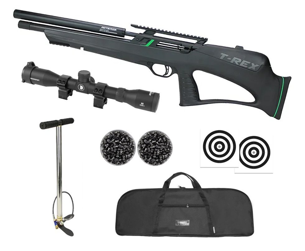 Carabina de Pressão PCP Artemis T-REX Bullpup 4,5mm com Válvula Reguladora - Fixxar + Bomba + Alvos + Capa + Luneta 4x32 + Chumbo