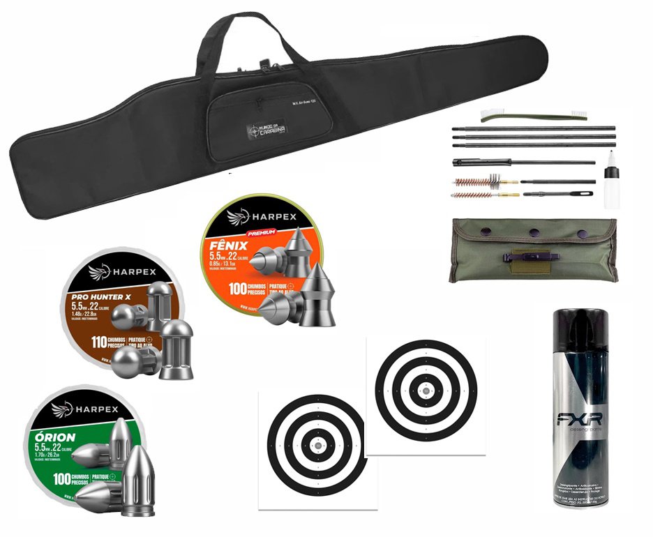 Capa Almofadada + Chumbinho 5,5 Harpex Fenix/Pro-Hunter X/Orion + Kit de Limpeza + Desengripante/ Anticorrosivo + Alvos