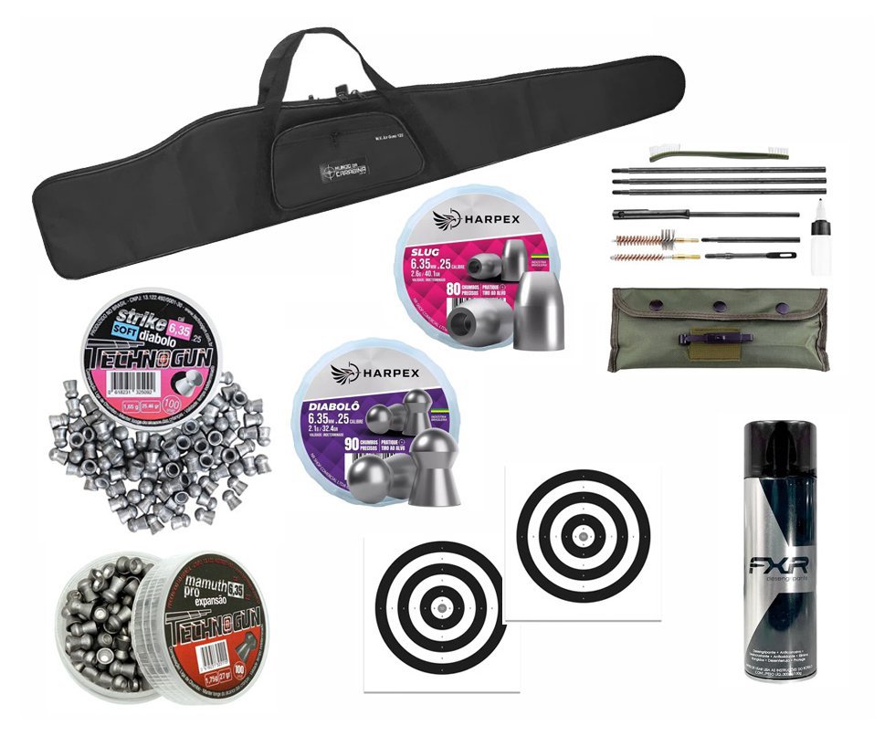 Capa Almofadada + Chumbinho 6,35 Harpex/Technogun Diabolo/Slug Hollow Point/Strike Diabolo Soft /Mamuth Pro + Kit de Limpeza + Desengripante/Anticorrosivo + Alvos
