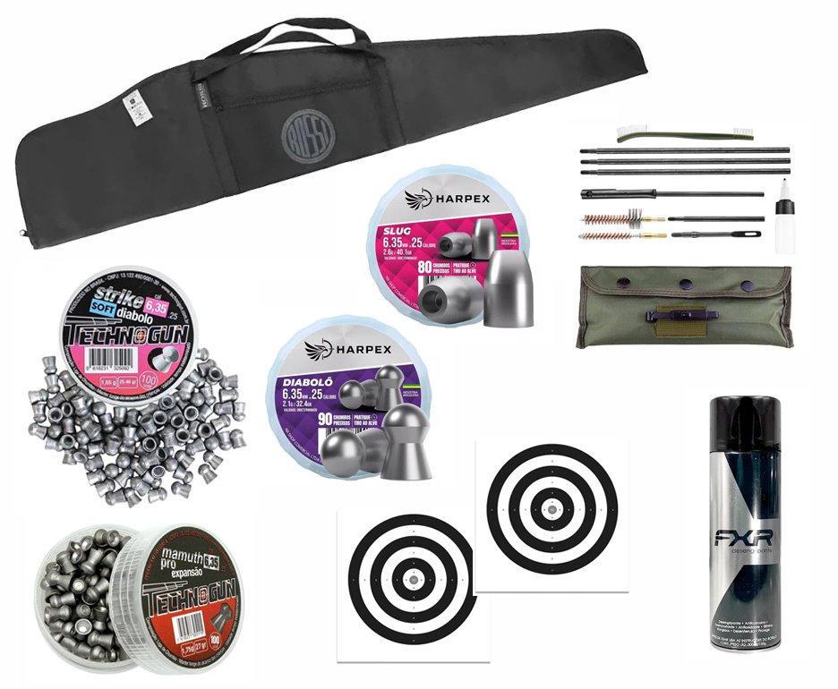Capa Almofadada Rossi 120 cm+ Chumbinho 6,35 Harpex/Technogun  Diabolo/Slug Hollow Point/Strike Diabolo Soft /Mamuth Pro + Kit de Limpeza + Desengripante/Anticorrosivo + Alvos