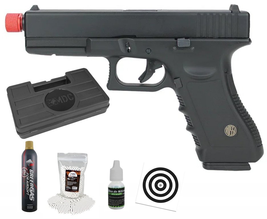 Pistola de Airsoft Gás GBB Glock VG V17 Full Metal Blowback 6mm - Rossi + Case + BBS + Green Gás + Óleo de Silicone + Alvos