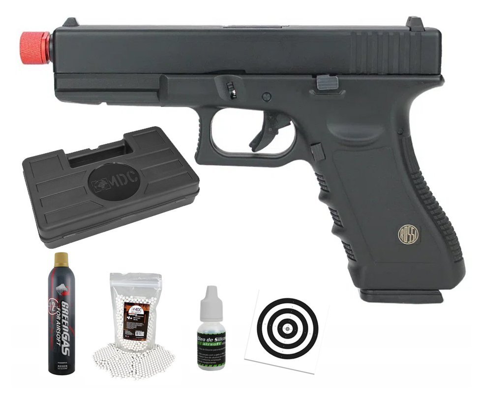 Pistola de Airsoft Gás GBB Glock VG V17 Full Metal Blowback 6mm - Rossi + Case + BBS + Green Gás + Óleo de Silicone + Alvos