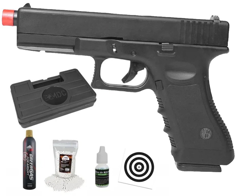Pistola de Airsoft Gás GBB Glock VG V17 Blowback 6mm - Rossi + Case + BBS + Green Gás + Óleo de Silicone + Alvos