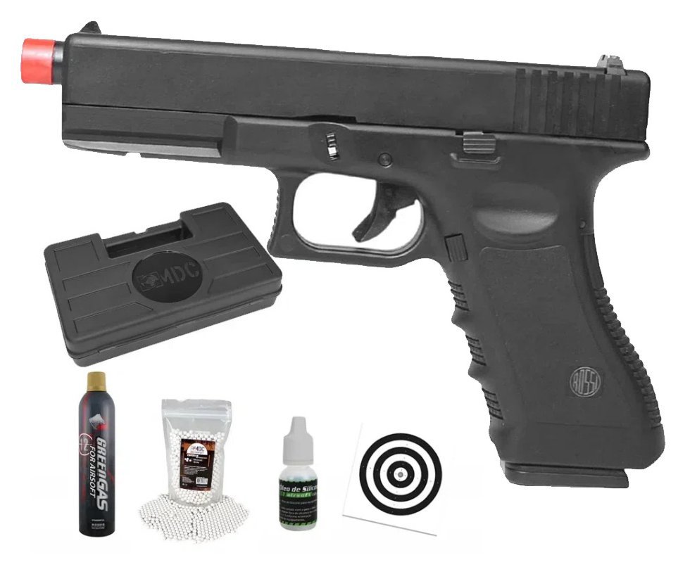 Pistola de Airsoft Gás GBB Glock VG V17 Blowback 6mm - Rossi + Case + BBS + Green Gás + Óleo de Silicone + Alvos
