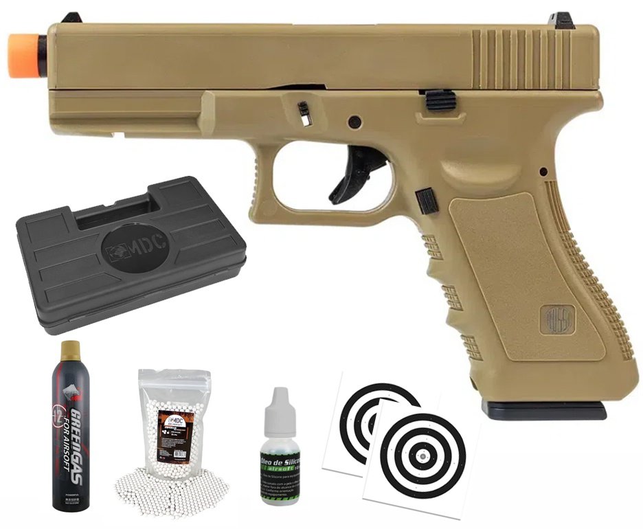 Pistola de Airsoft Green Gas V17 Tan Blowback 6mm - Rossi + Case + BBS + Green Gás + Óleo de Silicone + Alvos