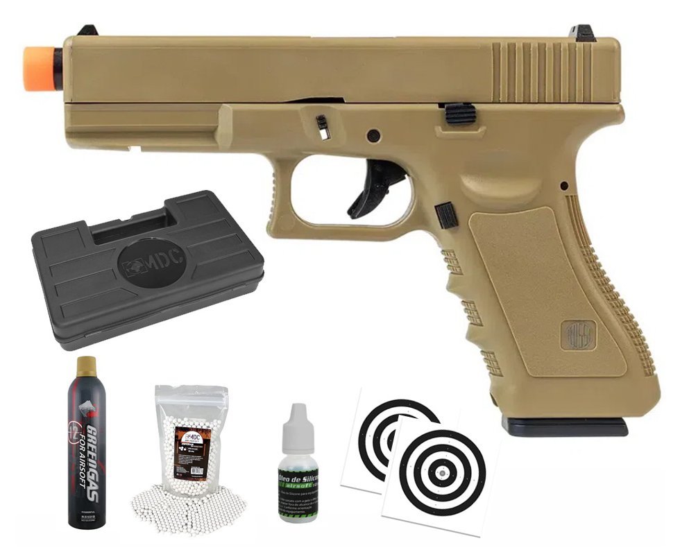 Pistola de Airsoft Green Gas V17 Tan Blowback 6mm - Rossi + Case + BBS + Green Gás + Óleo de Silicone + Alvos