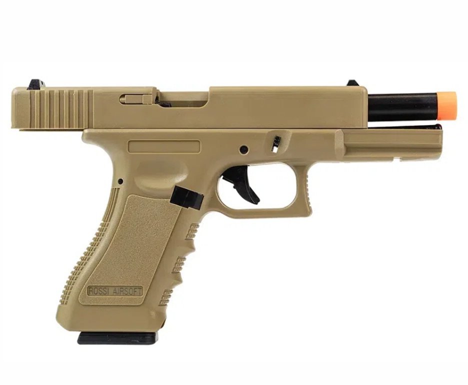 Pistola de Airsoft Green Gas V17 Tan Blowback 6mm - Rossi + Case + BBS + Green Gás + Óleo de Silicone + Alvos