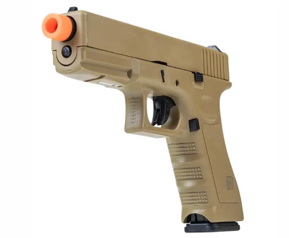 Pistola de Airsoft Green Gas V17 Tan Blowback 6mm - Rossi + Case + BBS + Green Gás + Óleo de Silicone + Alvos