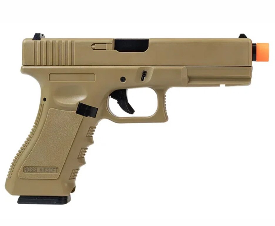 Pistola de Airsoft Green Gas V17 Tan Blowback 6mm - Rossi + Case + BBS + Green Gás + Óleo de Silicone + Alvos