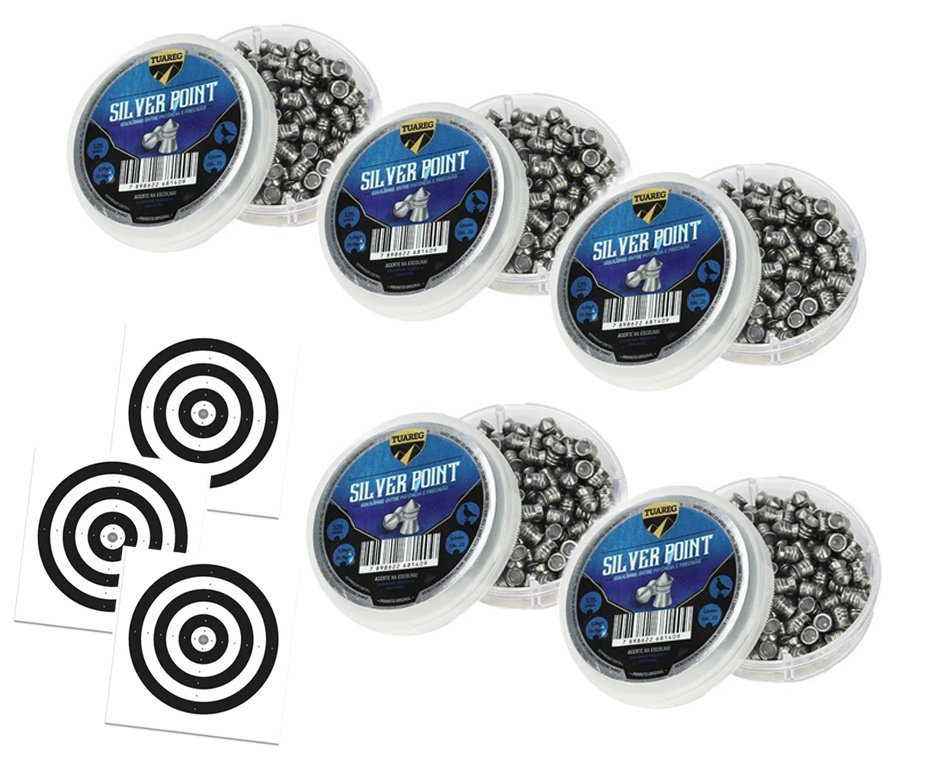 Kit 05 Cx Chumbinho De Pressão Tuareg Premium Silver Point 5,5 + Alvos