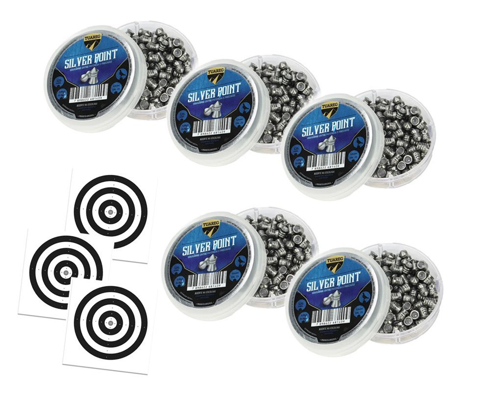 Kit 05 Cx Chumbinho De Pressão Tuareg Premium Silver Point 5,5 + Alvos