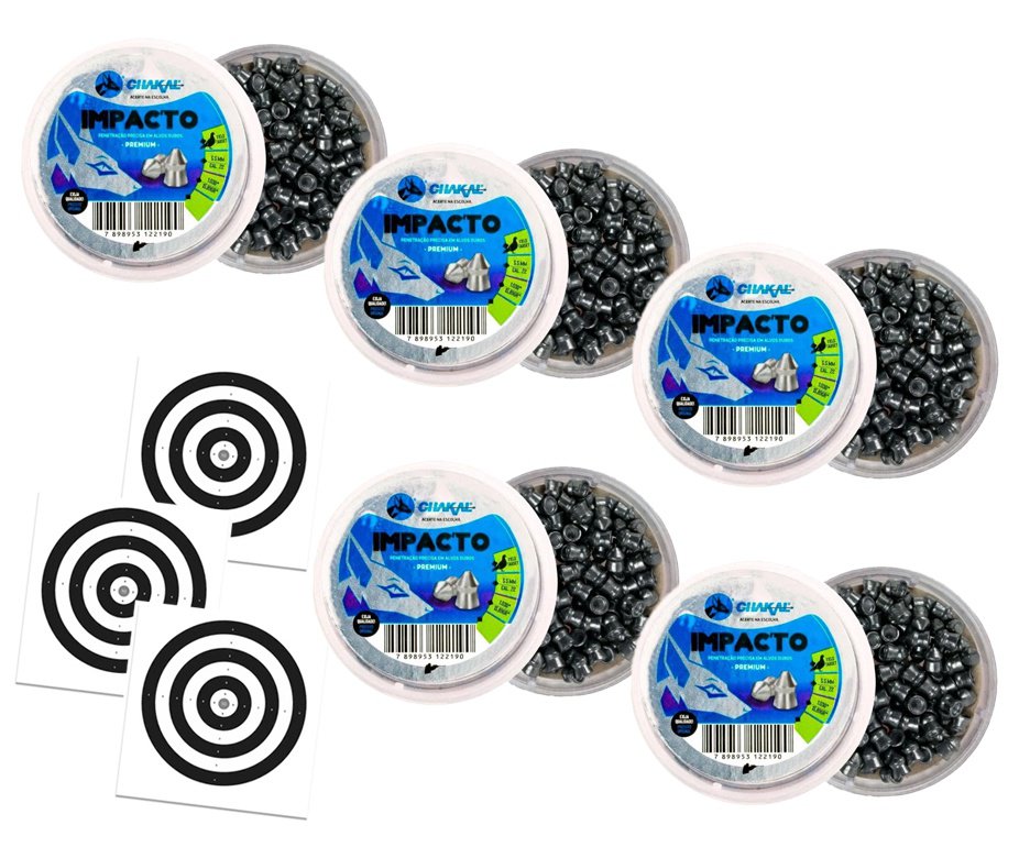 Kit 05 Cx Chumbinho Stalker Premium Alta precisão e penetração 1,8g 5,5 - Chakal + Alvos