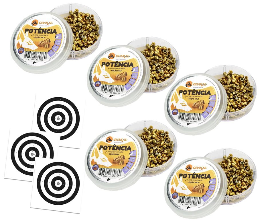 Kit 05 Cx Chumbinho De Pressão Premium Potencia Gold 4,5mm Perfuração + Alvos
