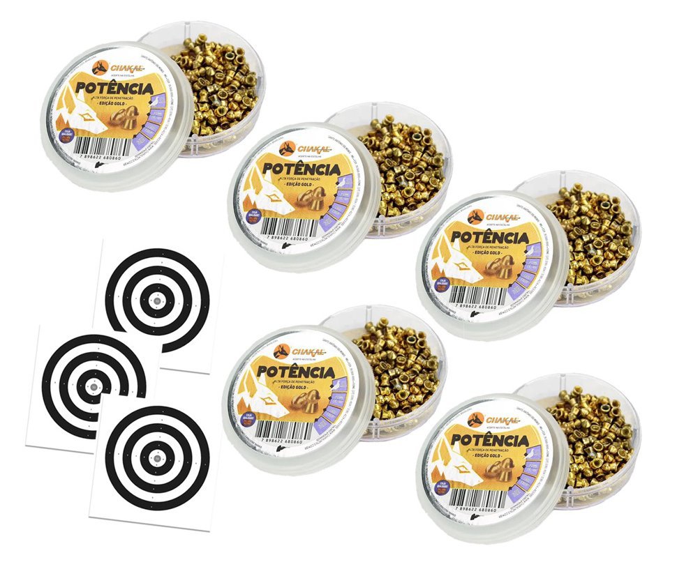 Kit 05 Cx Chumbinho De Pressão Premium Potencia Gold 4,5mm Perfuração + Alvos